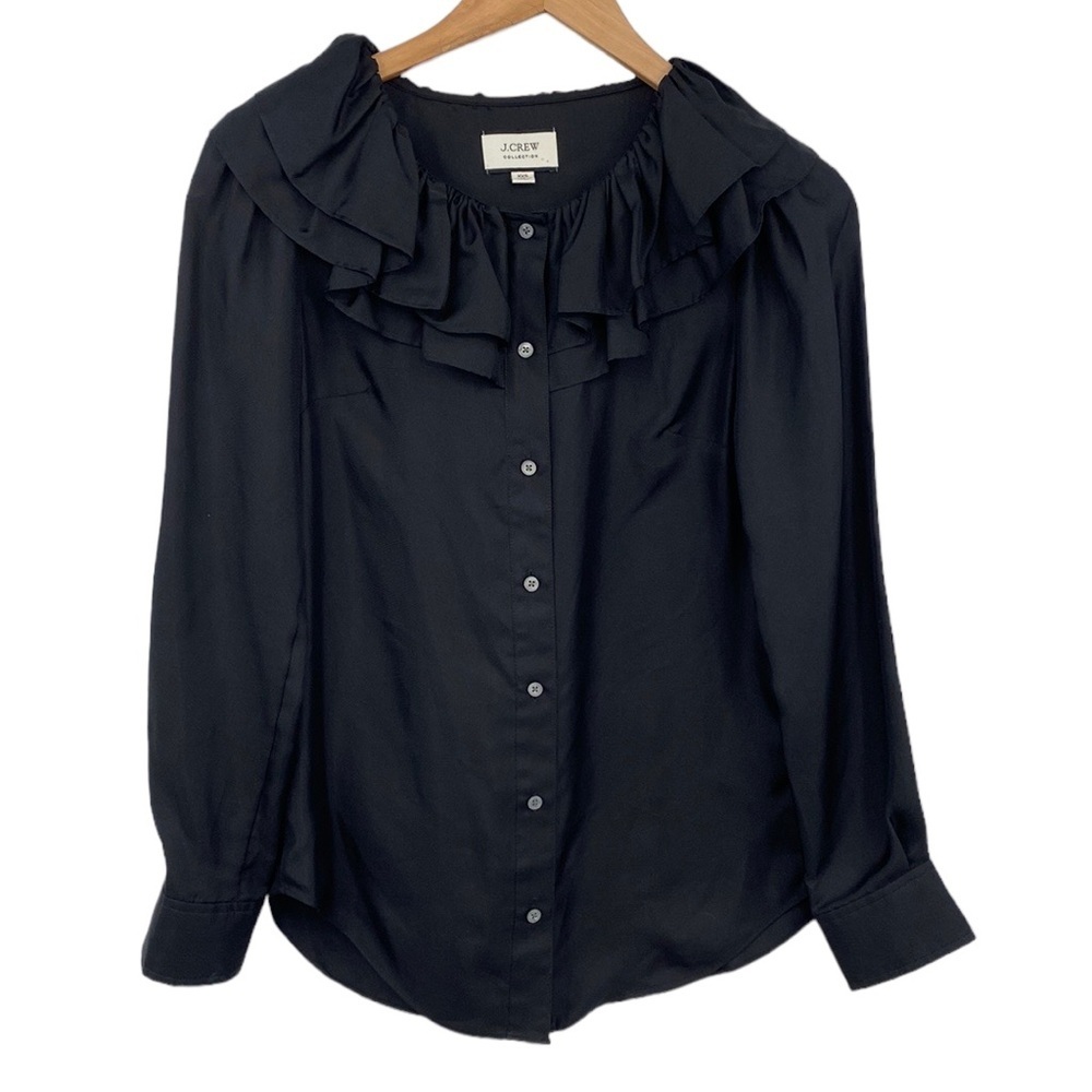 J. Crew Collection Silk Blouse Womens Size XXS Black Twill‎ Ruffle-Collar Button